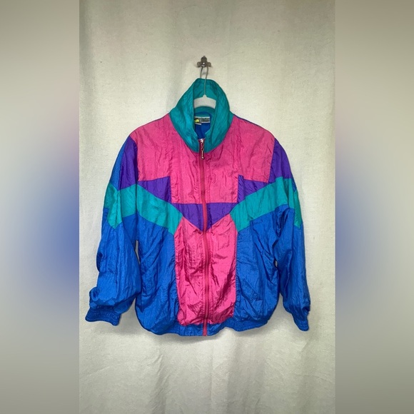 First Run Vintage 90s Retro Pink Blue Woman’s WindBreaker Jacket Size Medium - Picture 1 of 7